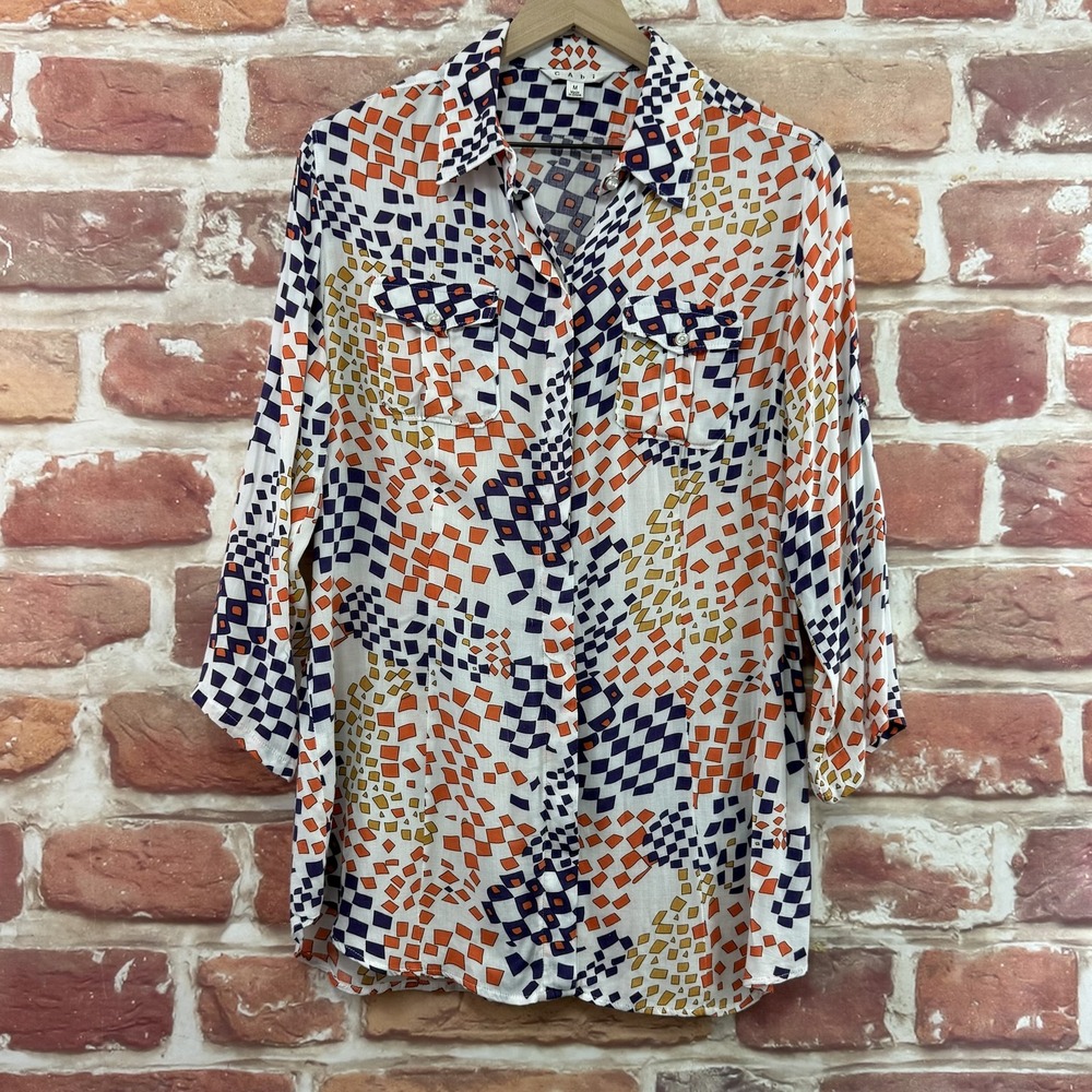 CAbi Top Women's Medium Multicolor Geo Abstract Button Front Casual Tunic Shirt